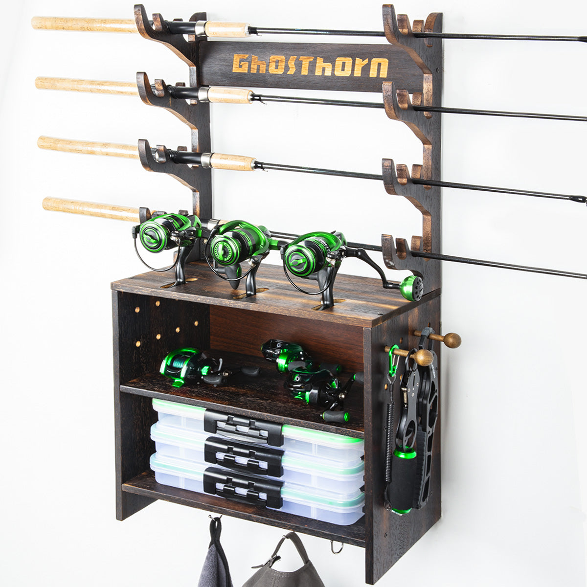 Fishing Pole Rod Racks Holds Up to 12 Rods Hard Wood Wall Mounted Pole Rod  Holders Reel Box