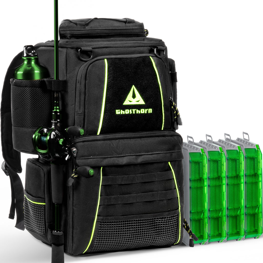 Ghosthorn 43L Fishing Backpack with 4×3600 Tackle Boxes, Rod Holder &