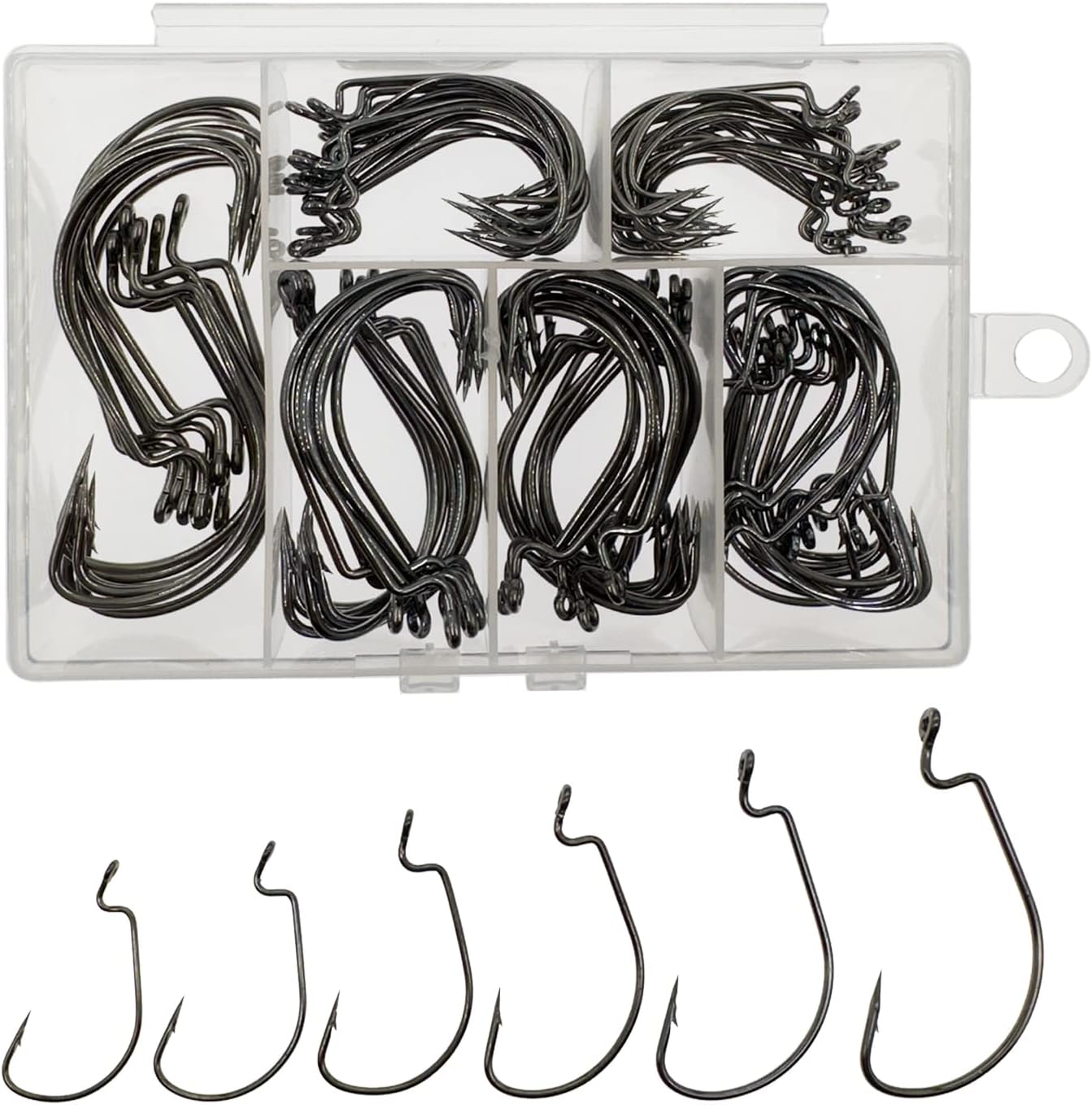 Ghosthorn Ghosthorn Worm Hooks for Bass Fishing Hooks, 110pcs Bass Hooks Fishing, 6 Sizes Fishing Hooks Freshwater, Eagle Claw Hooks #1 1/0 2/0 3/0 4/0 5/0 Black High Carbon Steel with Portable Plastic Box
