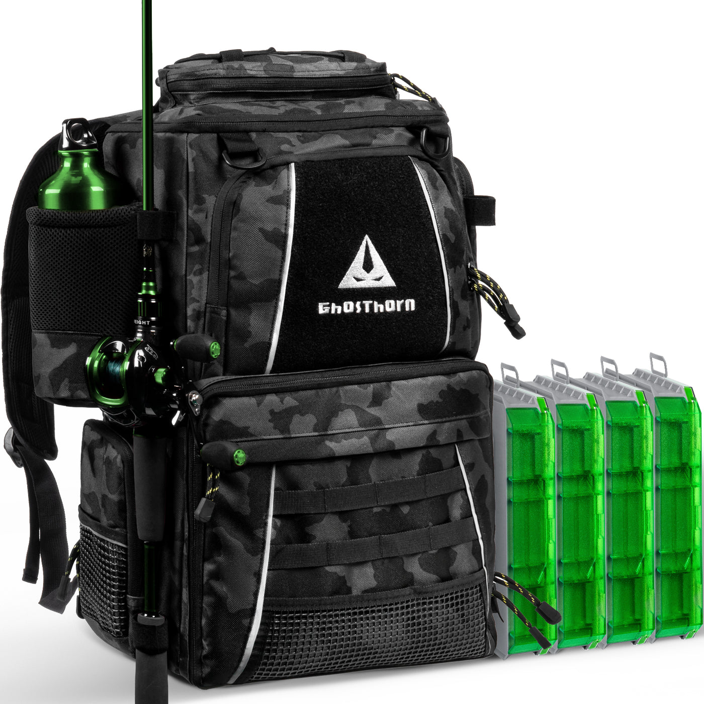 Ghosthorn 43L Fishing Backpack with 4×3600 Tackle Boxes, Rod Holder