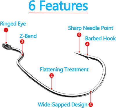 Ghosthorn Ghosthorn Worm Hooks for Bass Fishing Hooks, 110pcs Bass Hooks Fishing, 6 Sizes Fishing Hooks Freshwater, Eagle Claw Hooks #1 1/0 2/0 3/0 4/0 5/0 Black High Carbon Steel with Portable Plastic Box