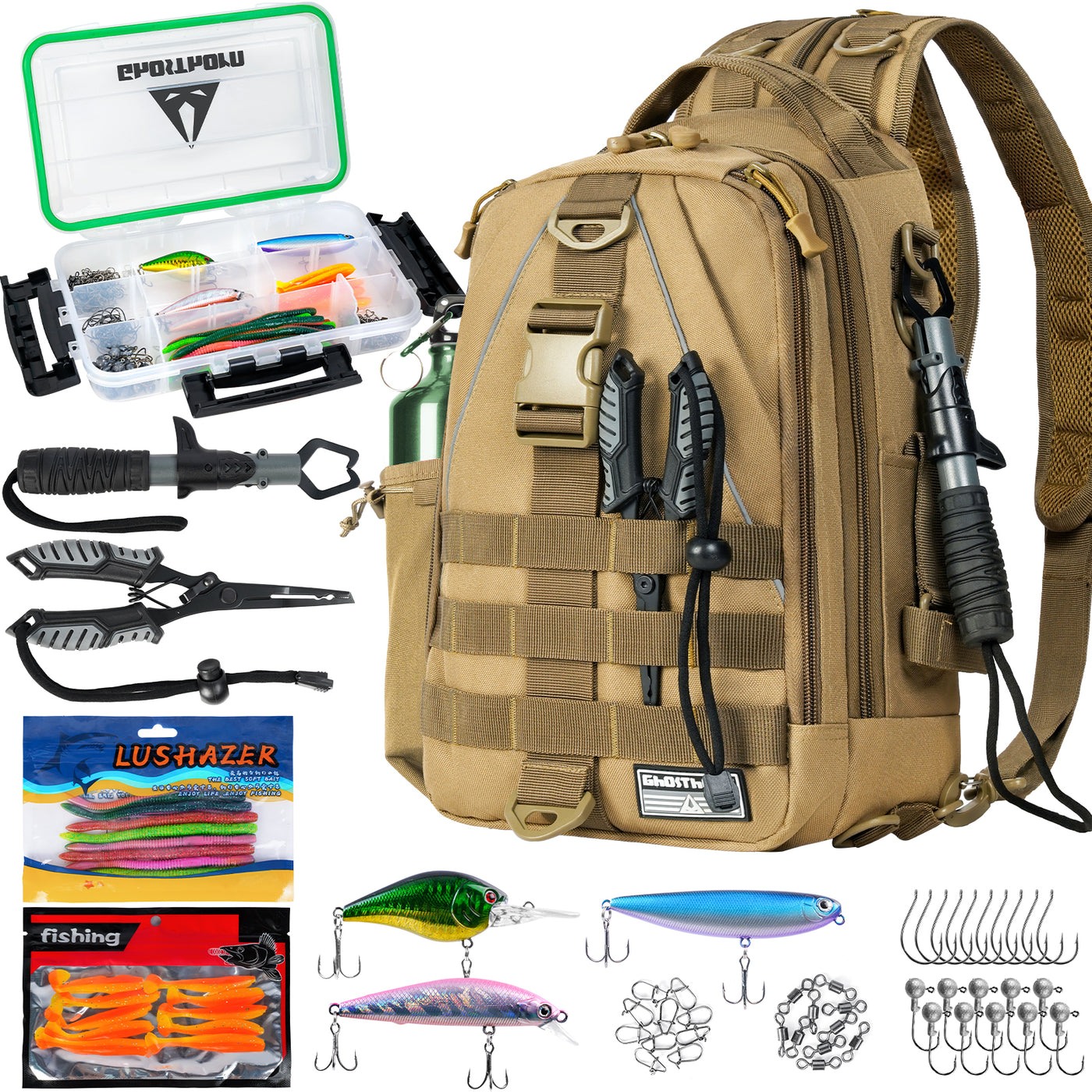 Ghosthorn Fishing Tackle Backpack with Trays 3600 Tackle Boxes & Rod H