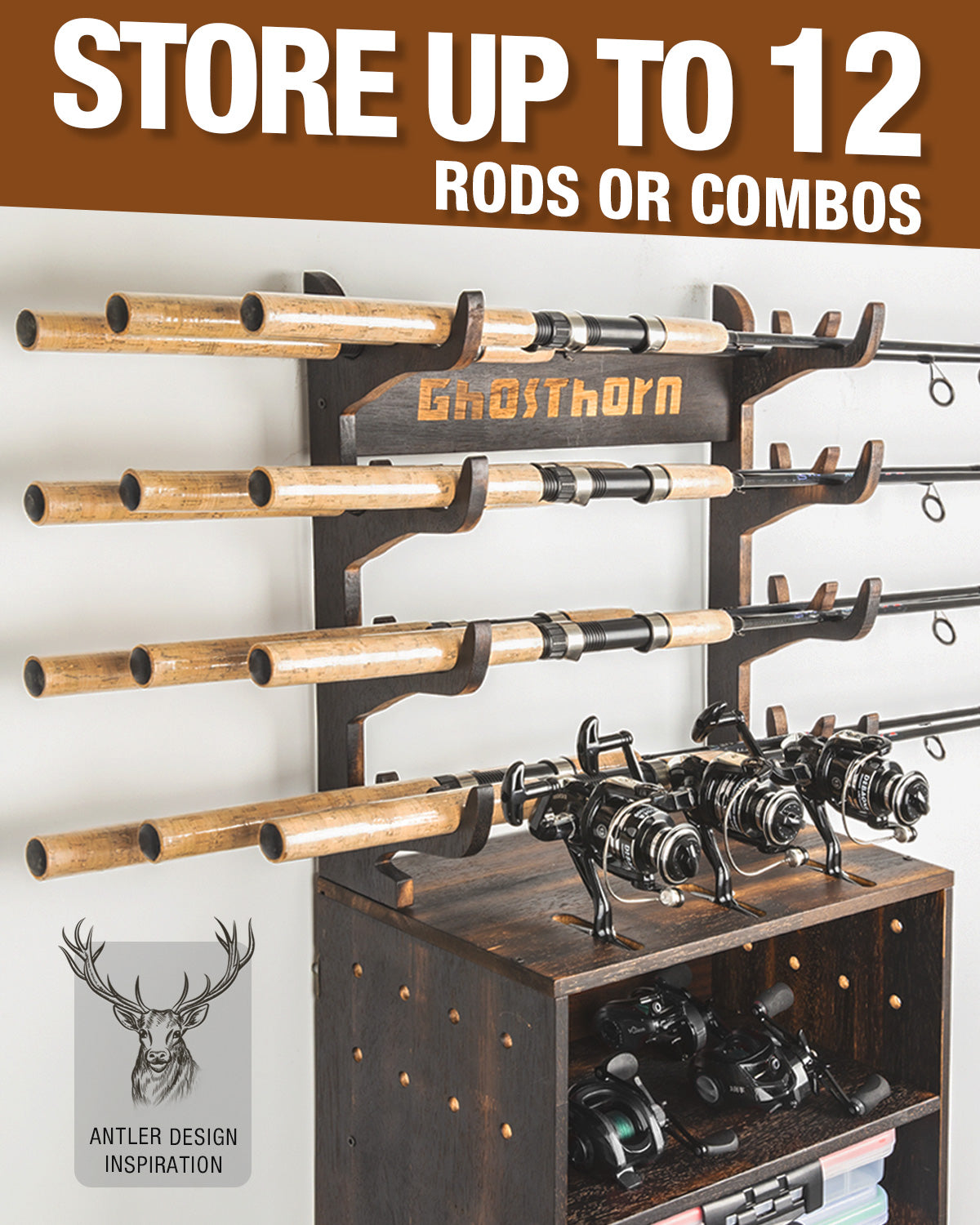 Fishing Pole Rod Racks Holds Up to 12 Rods Hard Wood Wall Mounted Pole Rod Holders Reel Box - Ghosthorn