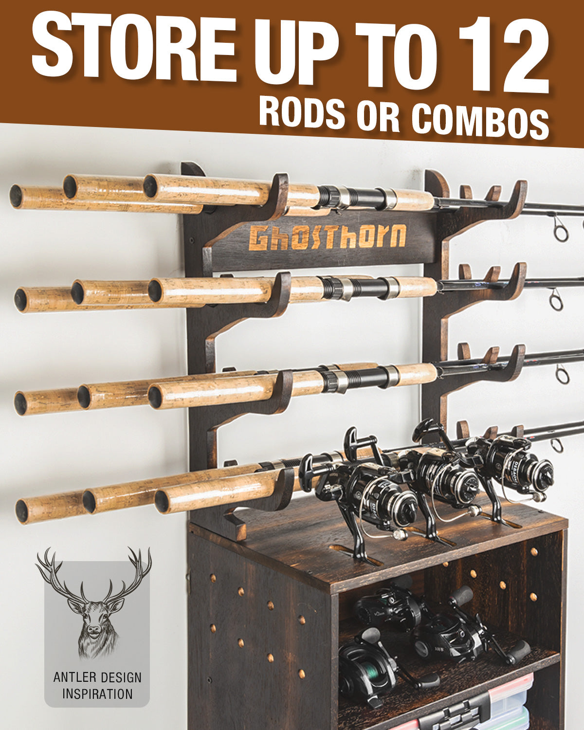 Fishing Pole Rod Racks Holds Up to 12 Rods Hard Wood Wall Mounted Pole – Ghosthorn