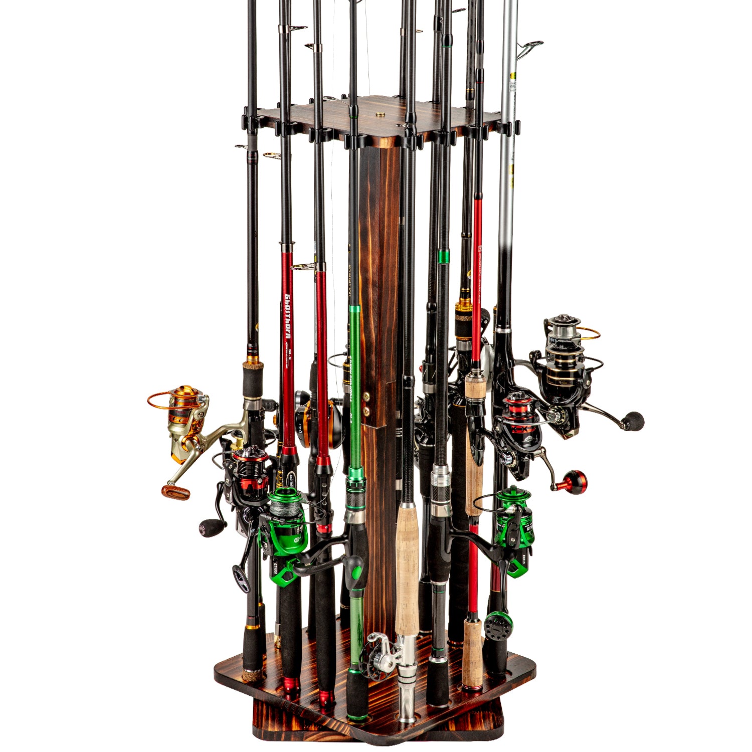 rotating fishing rod holder Triple Dual Axis Ratcheting action mooching reels available Personalized Rotating Oak Fishing Rod