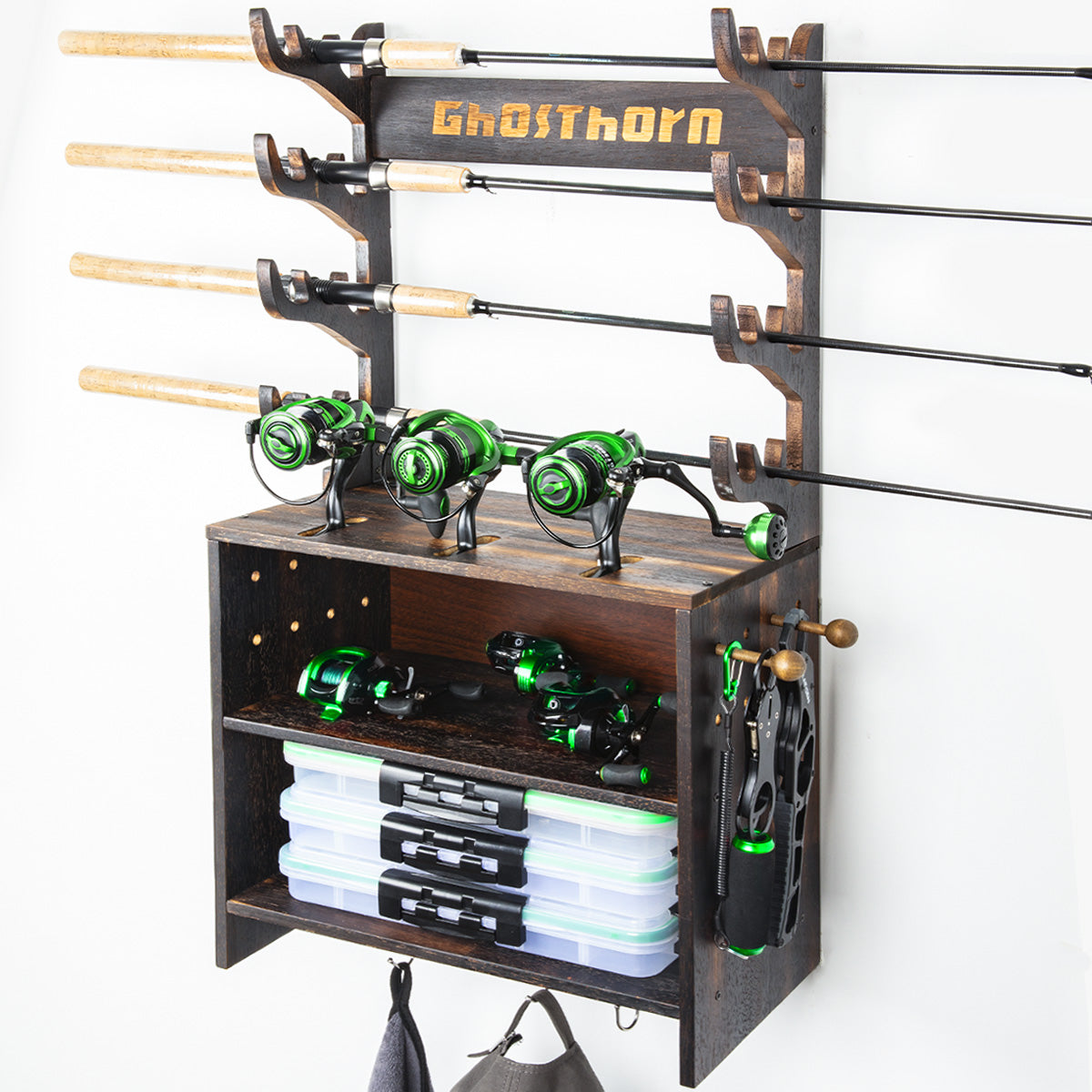 Fishing Pole Rod Racks Holds Up to 12 Rods Hard Wood Wall Mounted Pole ...