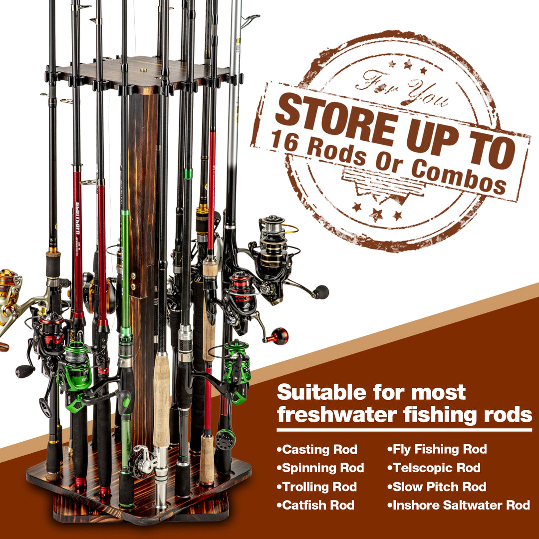 Fishing Rod Pole Holders Rack, 360 Degree Rotating Rod Pole Floor Stand  Holds up to 16 Rods Fishing Gear Storage for Garage