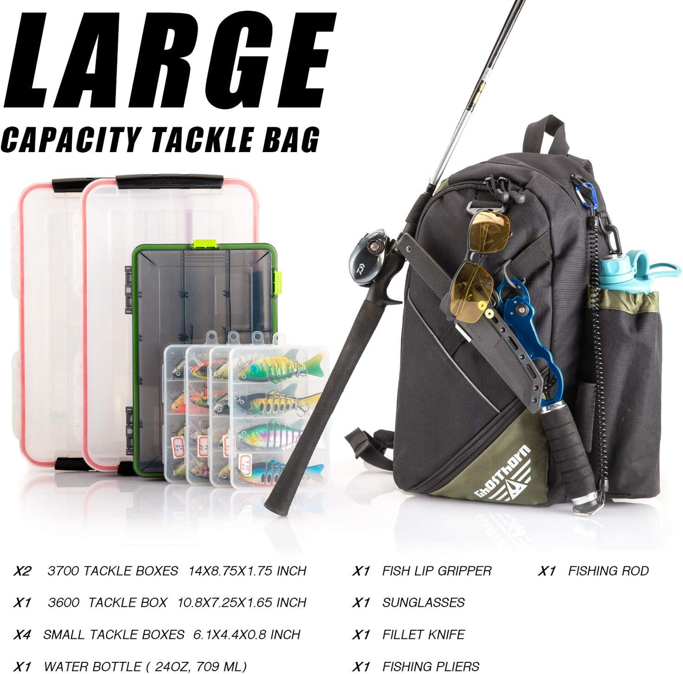 Fishing Tackle Backpack with Fishing Rod Holder, Large Fishing