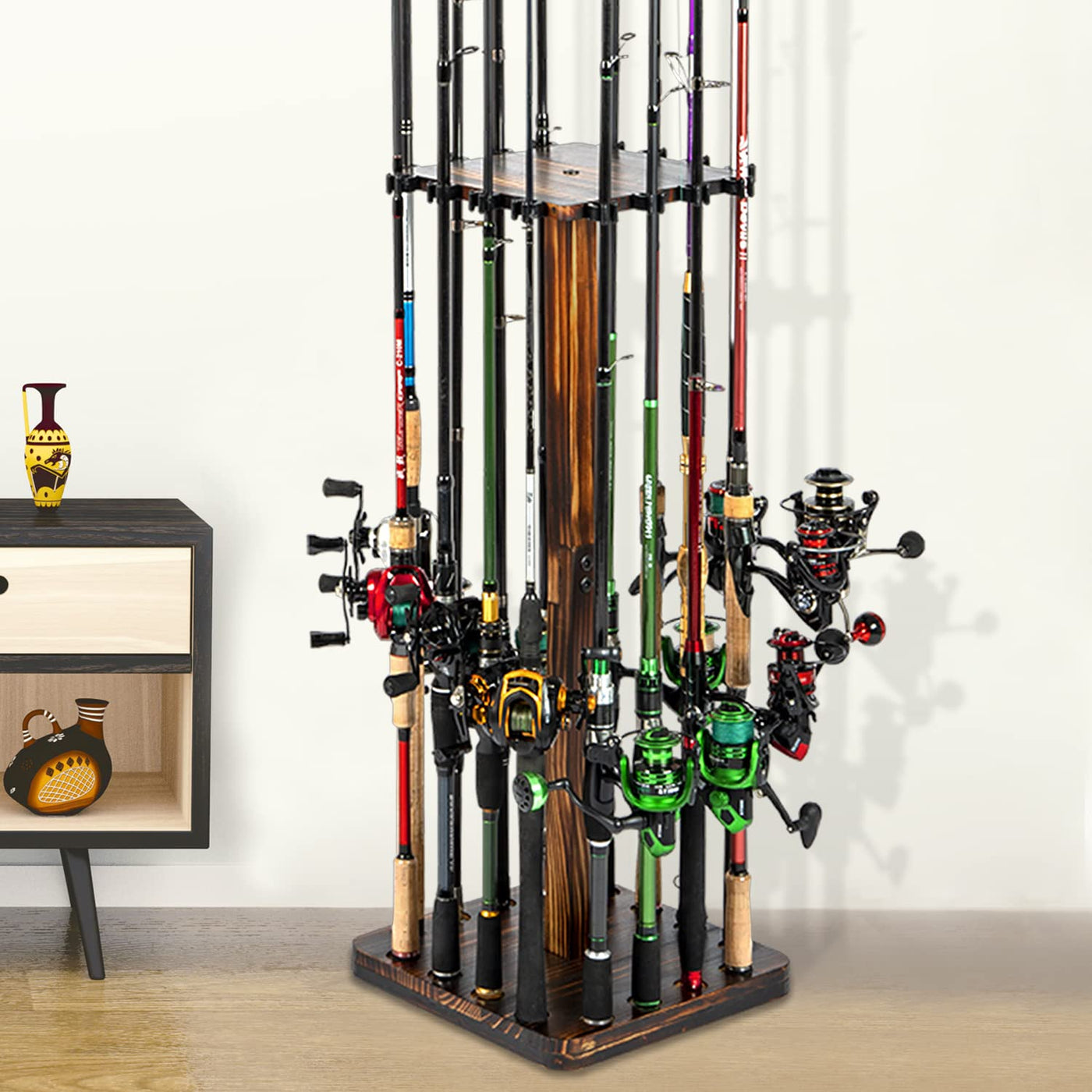 Fishing Rod Pole Holders Rack for Garage, 16 Fishing Rods Pole Floor Stand Wood Vertical Upright Fishing Gear Storage Unique Fishing Gifts for Men Women Christmas - Ghosthorn