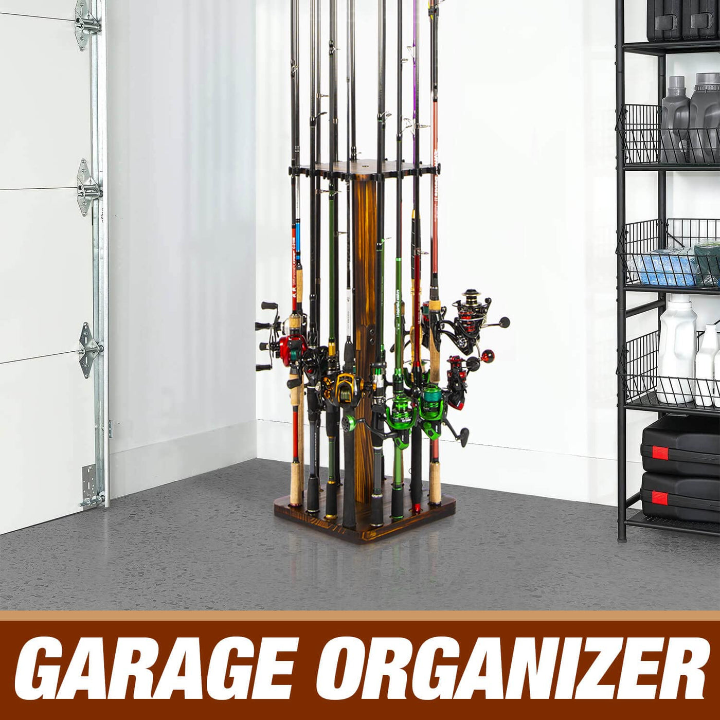 Fishing Rod Pole Holders Rack for Garage, 16 Fishing Rods Pole Floor Stand Wood Vertical Upright Fishing Gear Storage Unique Fishing Gifts for Men Women Christmas - Ghosthorn